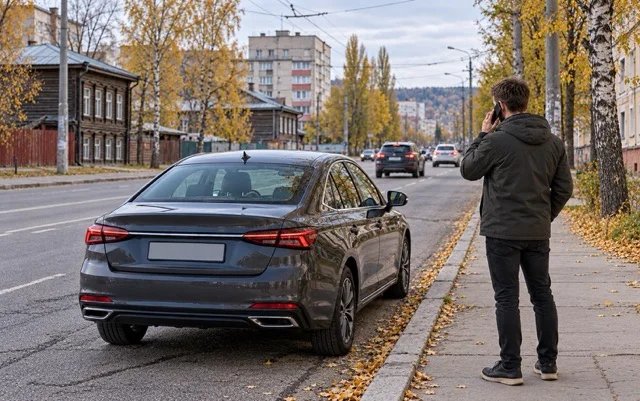 Водитель звонит по телефону рядом с автомобилем
